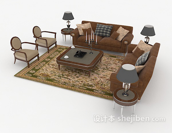 免费中式复古棕色家居组合沙发3d模型下载