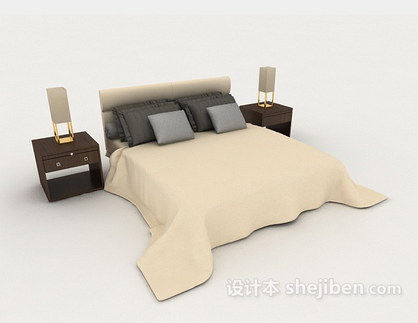 免费浅色木质双人床3d模型下载