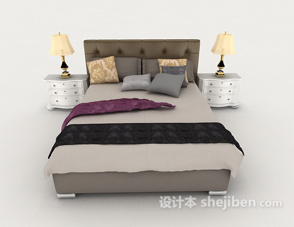 现代风格家居木质简约灰色双人床3d模型下载