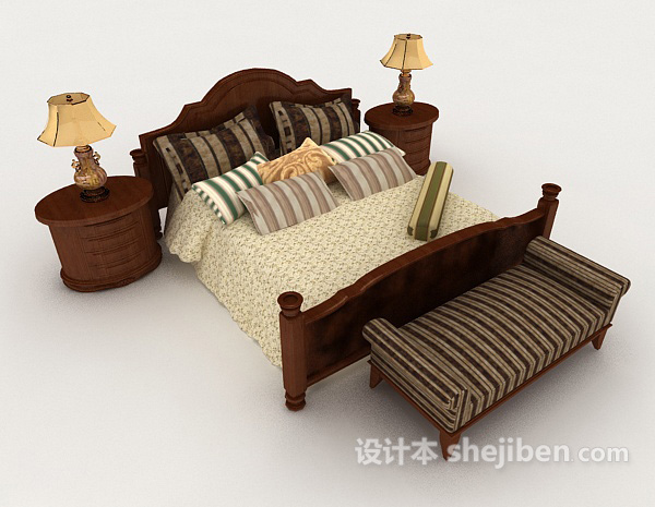 中式家居复古双人床3d模型下载