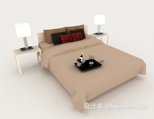 免费简单浅棕色双人床3d模型下载