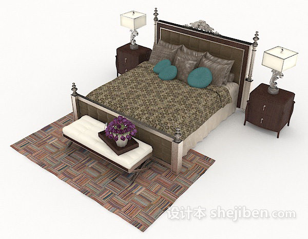 免费欧式风格简单双人床3d模型下载