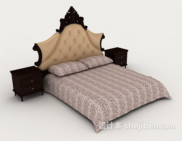 免费欧式木质双人床3d模型下载