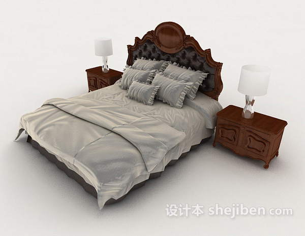 欧式木质灰色双人床3d模型下载
