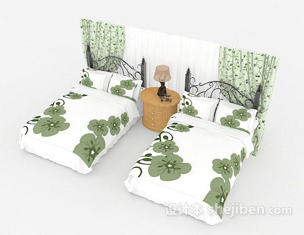 现代风格清新绿花单人床组合3d模型下载