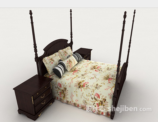 设计本家居花纹木质双人床3d模型下载