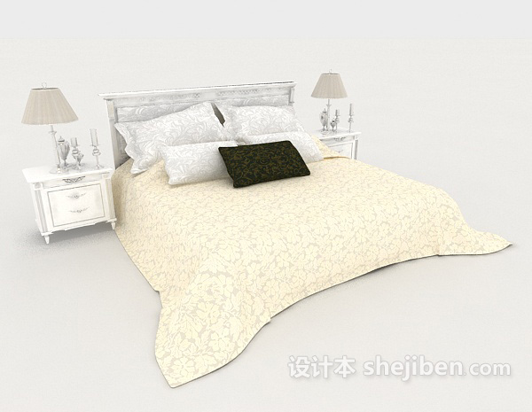免费简欧家居木质白色双人床3d模型下载