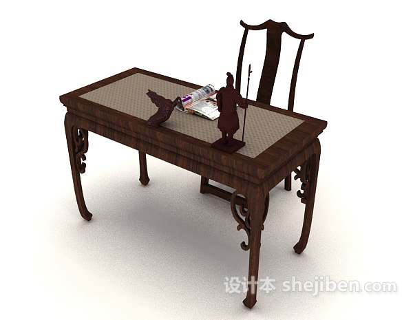 免费中式木质书桌椅3d模型下载