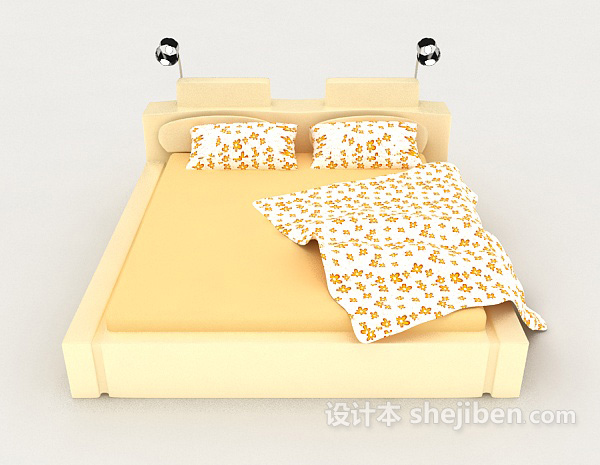现代风格暖黄色花纹双人床3d模型下载