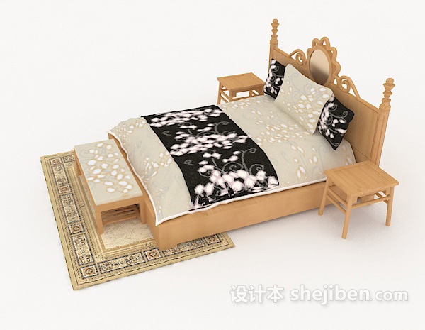 设计本新中式黄色木质双人床3d模型下载