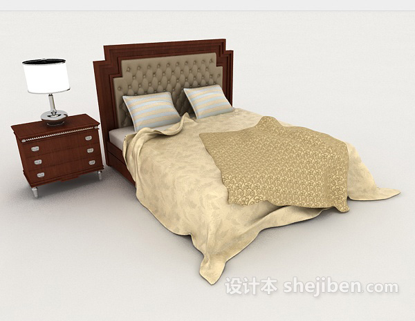 免费欧式简单木质双人床3d模型下载