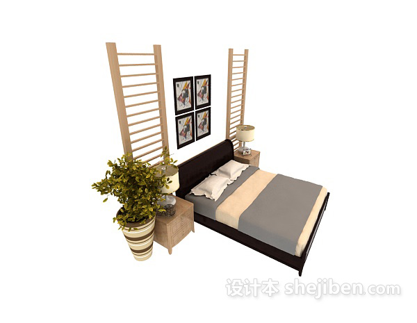 设计本家居木质简单双人床3d模型下载