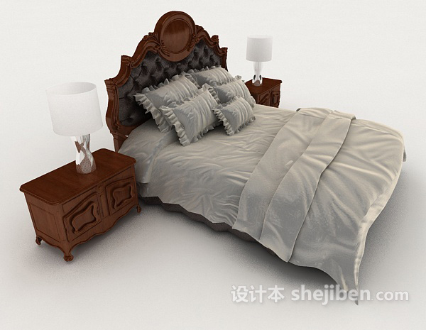 设计本欧式木质灰色双人床3d模型下载