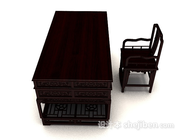 设计本中式雕花书桌椅3d模型下载