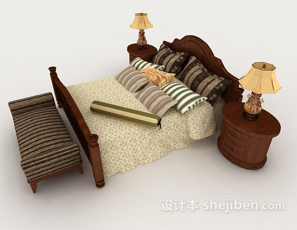 设计本中式家居复古双人床3d模型下载