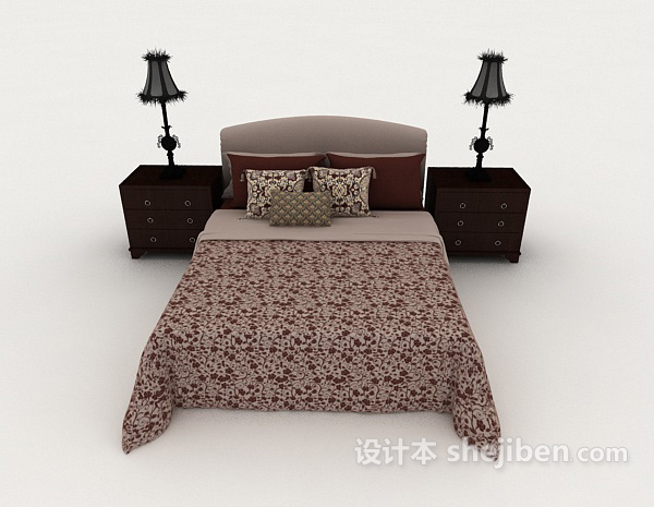 现代风格家居暗红色花纹双人床3d模型下载