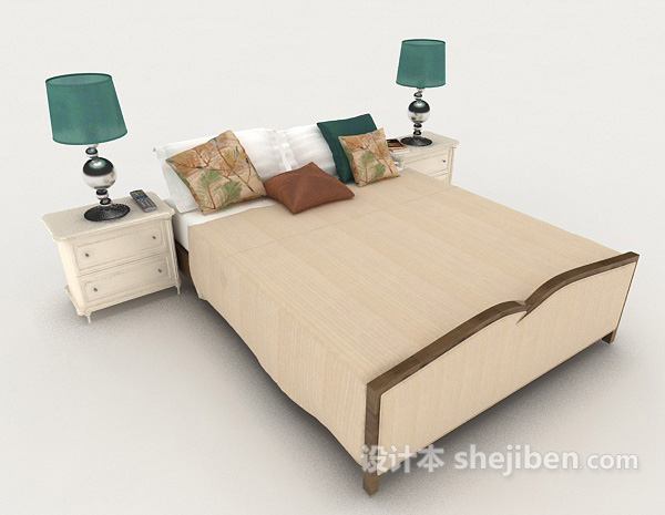 免费浅棕色木质双人床3d模型下载