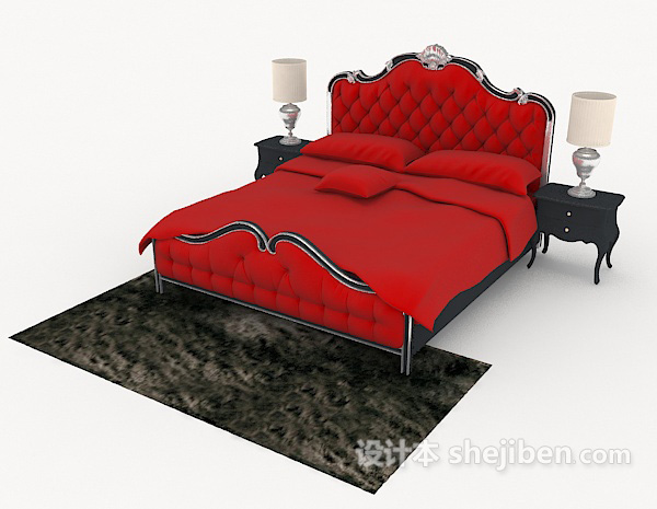 免费欧式红色双人床3d模型下载