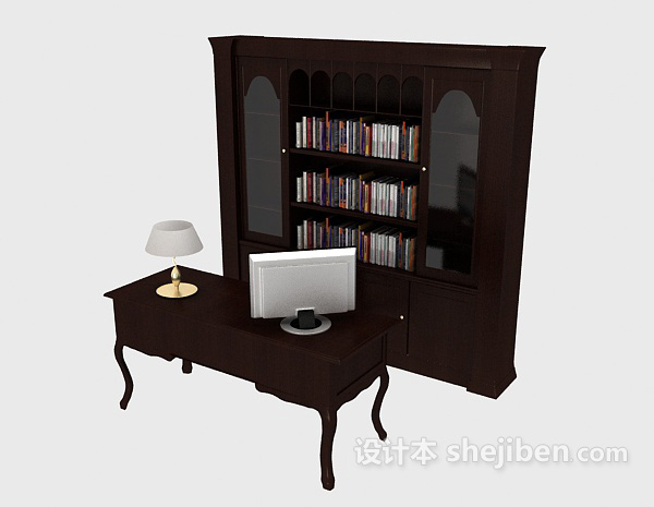 免费中式简约木质书柜3d模型下载