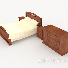 实木居家简单双人床3d模型下载