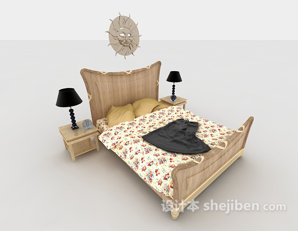 免费田园木质双人床3d模型下载