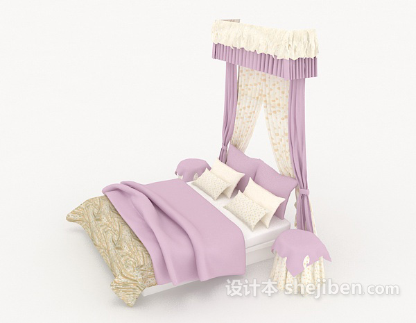 设计本浅紫色浪漫双人床3d模型下载