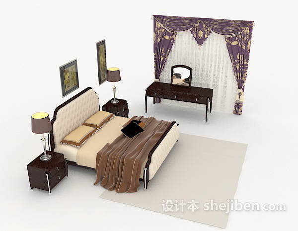 免费中式复古木质双人床3d模型下载