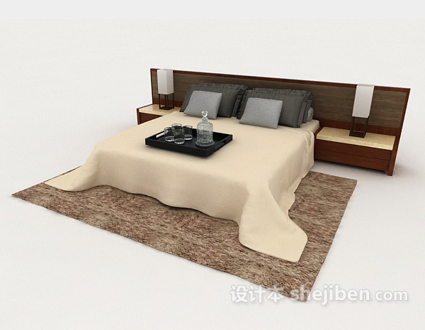 家居简约棕色木质双人床3d模型下载