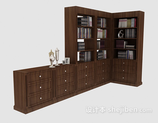 免费现代风格木质组合书柜3d模型下载
