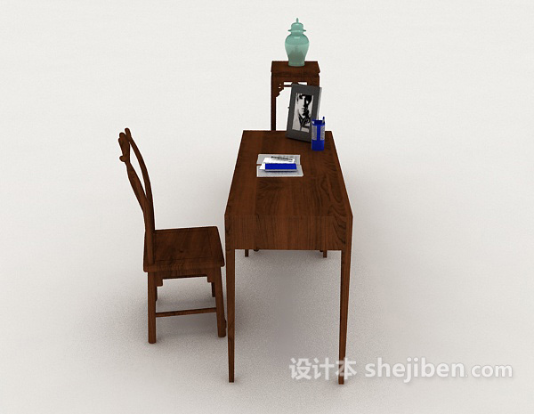 设计本中式简约木质书桌椅3d模型下载