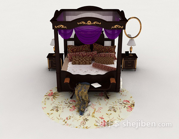 欧式风格欧式家居深棕色双人床3d模型下载