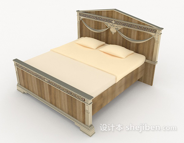 免费木质简约双人床3d模型下载