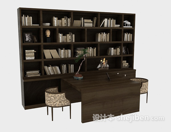 现代风格深棕色木质书柜3d模型下载