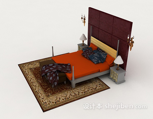 设计本个性橙色双人床3d模型下载