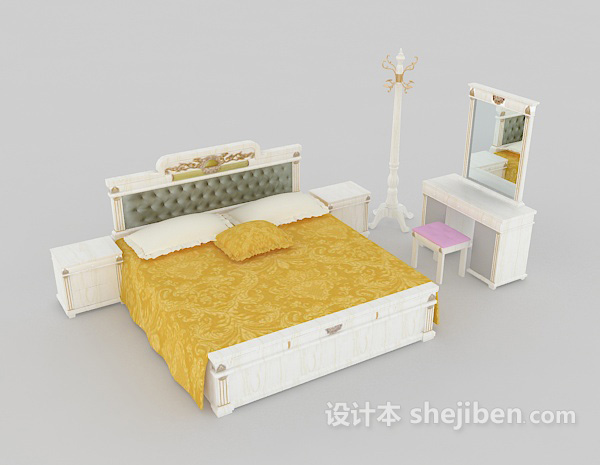 欧式简单白色双人床3d模型下载