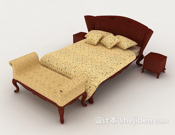 新中式黄色双人床3d模型下载