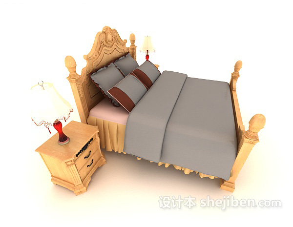 免费新中式木质黄色双人床3d模型下载