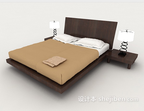 简约休闲棕色双人床3d模型下载