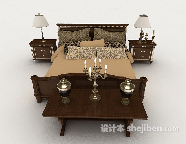 中式风格新中式复古木质双人床3d模型下载
