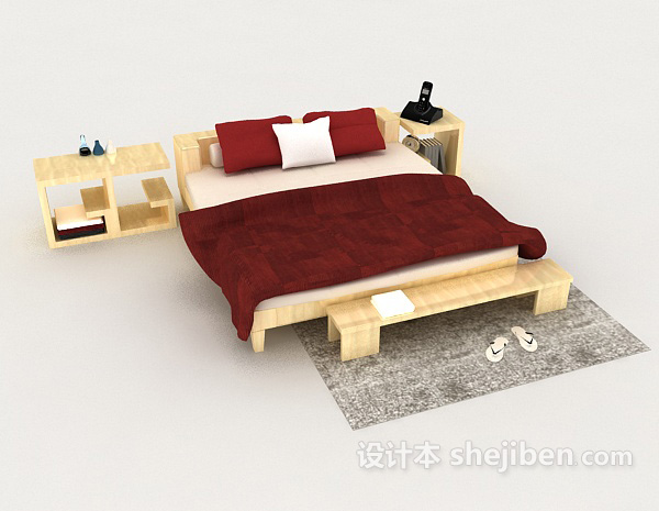 现代风格红色木质双人床3d模型下载