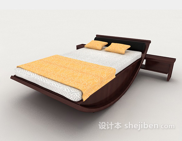 个性简约木质棕色双人床3d模型下载
