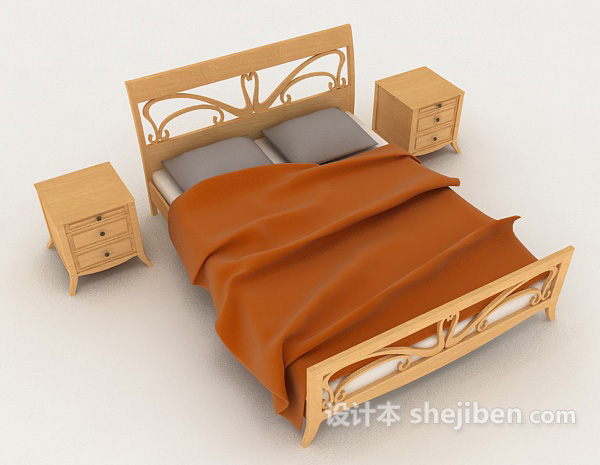 免费橙色木质双人床3d模型下载