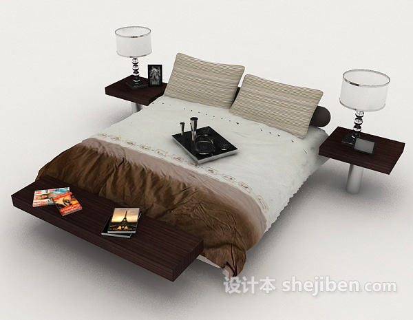 免费现代家居灰棕色双人床3d模型下载