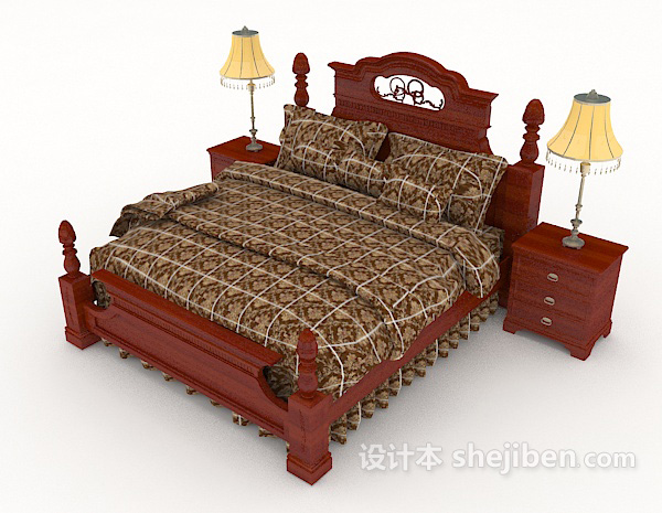免费新中式木质双人床3d模型下载