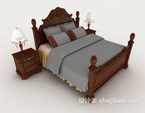 免费新中式木质灰色双人床3d模型下载