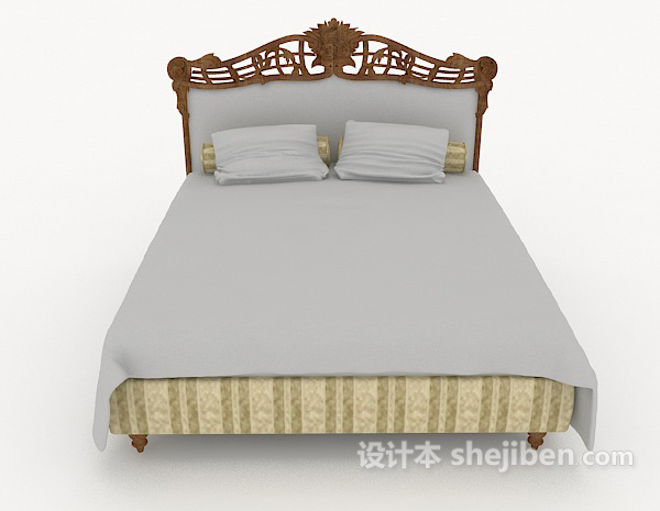 中式风格新中式灰色双人床3d模型下载