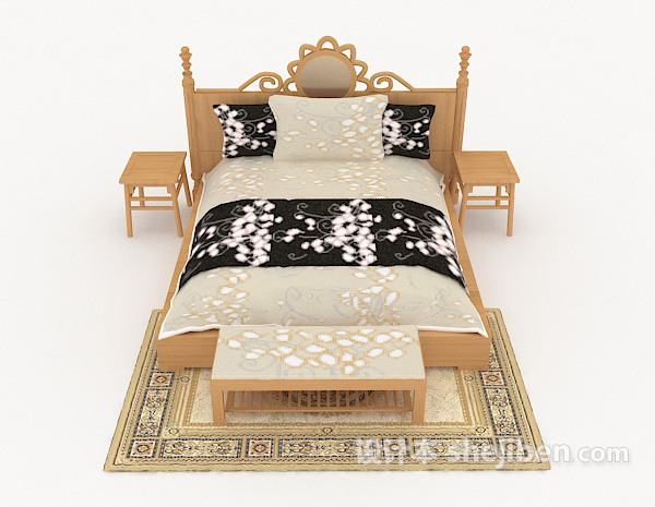 中式风格新中式黄色木质双人床3d模型下载