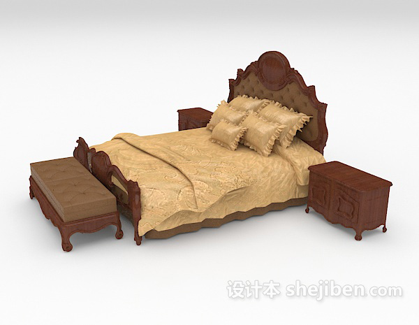 设计本欧式木质黄色双人床3d模型下载