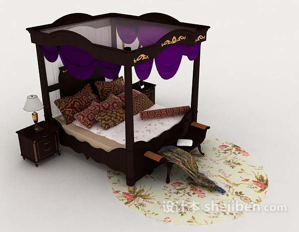 设计本欧式家居深棕色双人床3d模型下载