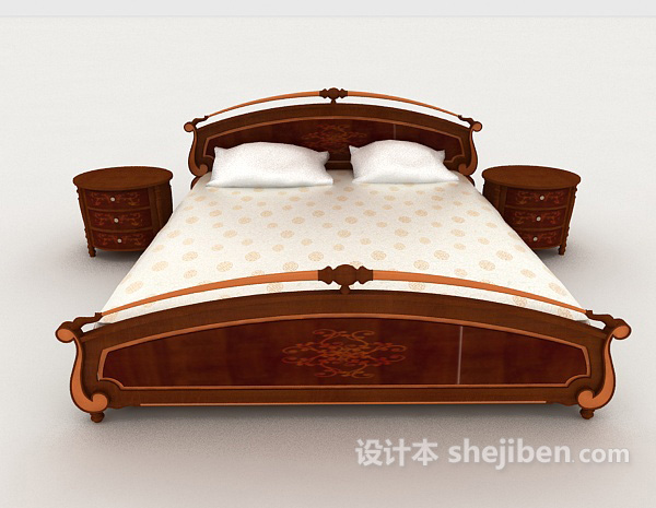 中式风格中式复古花纹双人床3d模型下载
